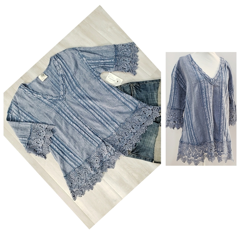 New EVERLEIGH Garment Dyed Lace Embellished Top Size L